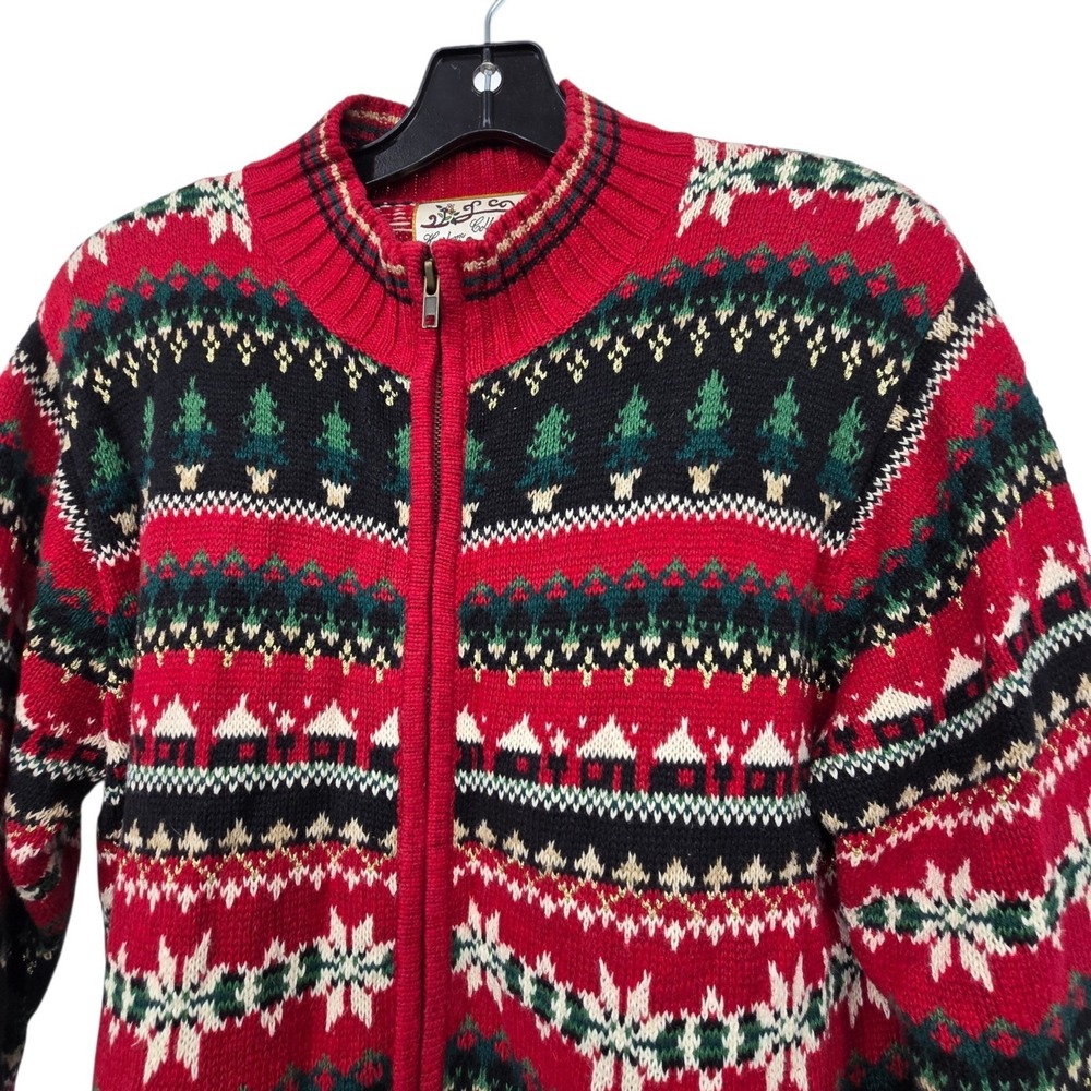 Vintage 90s Fair Isle Nordic Cardigan Sweater Womens S Red Green Holiday Party